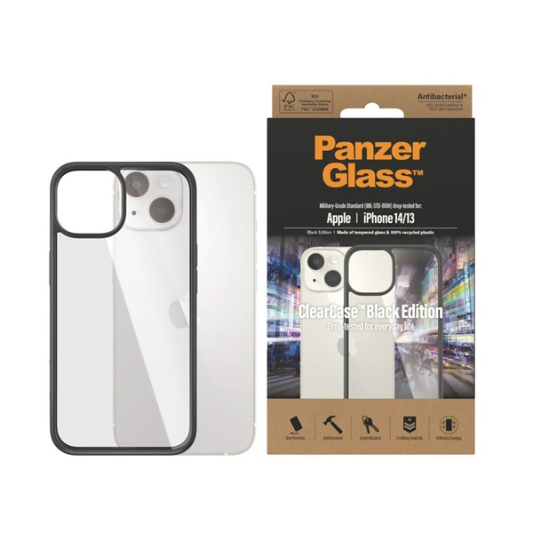 PanzerGlass CLEARCASE szilikon telefonvédő (ütésállóság, üveg hátlap, antibakteriális) FEKETE Apple iPhone 15 / iPhone 14 / iPhone 13 (0405)