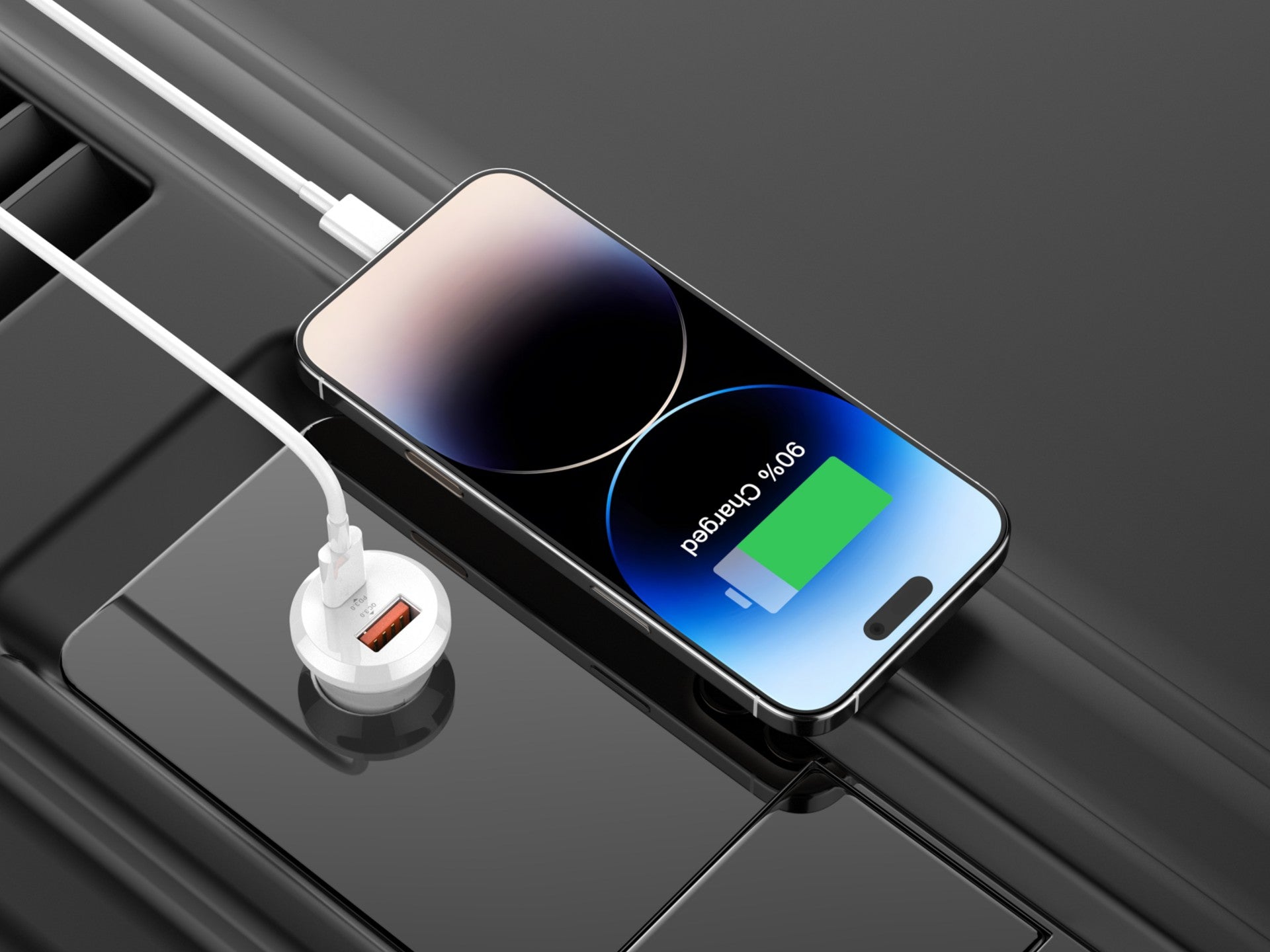 Techancy Carregador de Carro TC6428 30W USB-A+USB-C com cabo 1m USB-C para Lightning PD3.0 QC3.0 12-24V