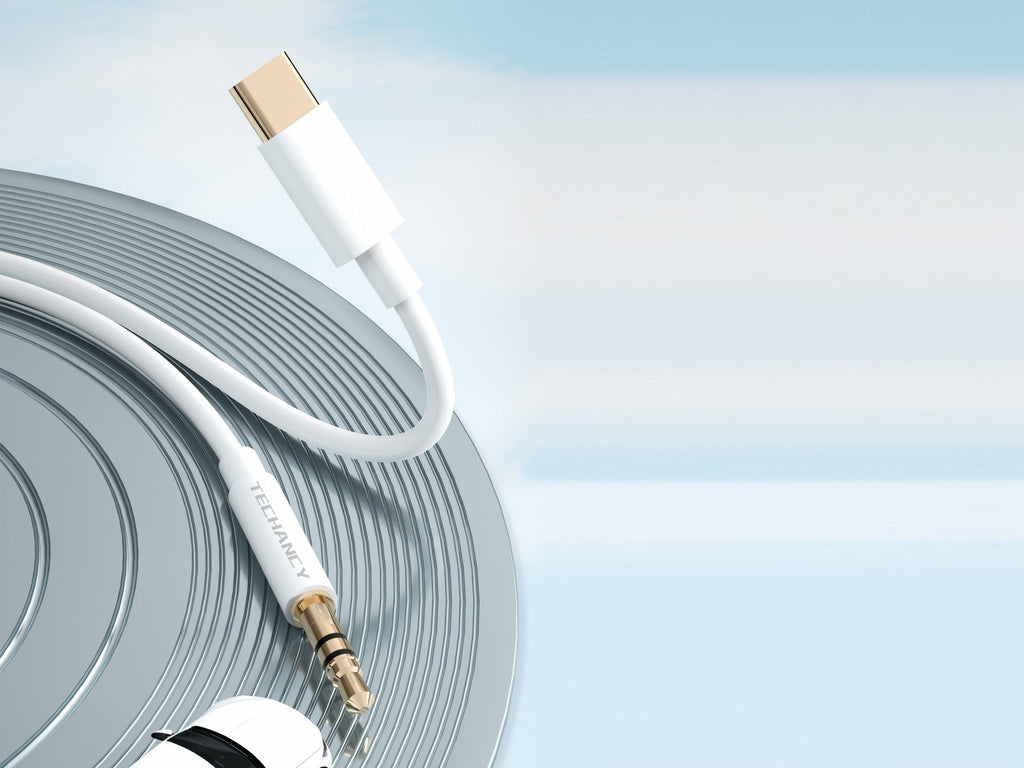 Techancy Automotive Aux Audio Cable  KQ2602, Tipo-C Para 3,5 Mm, 1 Metro, Qualidade De Som Hifi,Branco