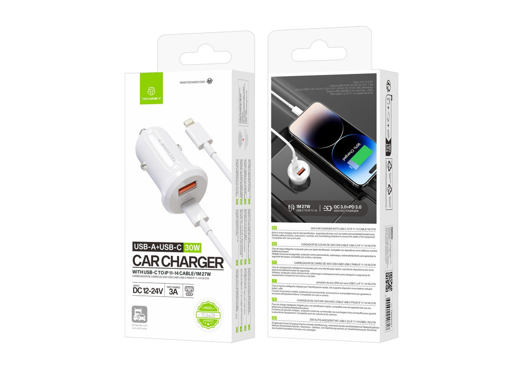 Techancy Carregador de Carro TC6428 30W USB-A+USB-C com cabo 1m USB-C para Lightning PD3.0 QC3.0 12-24V