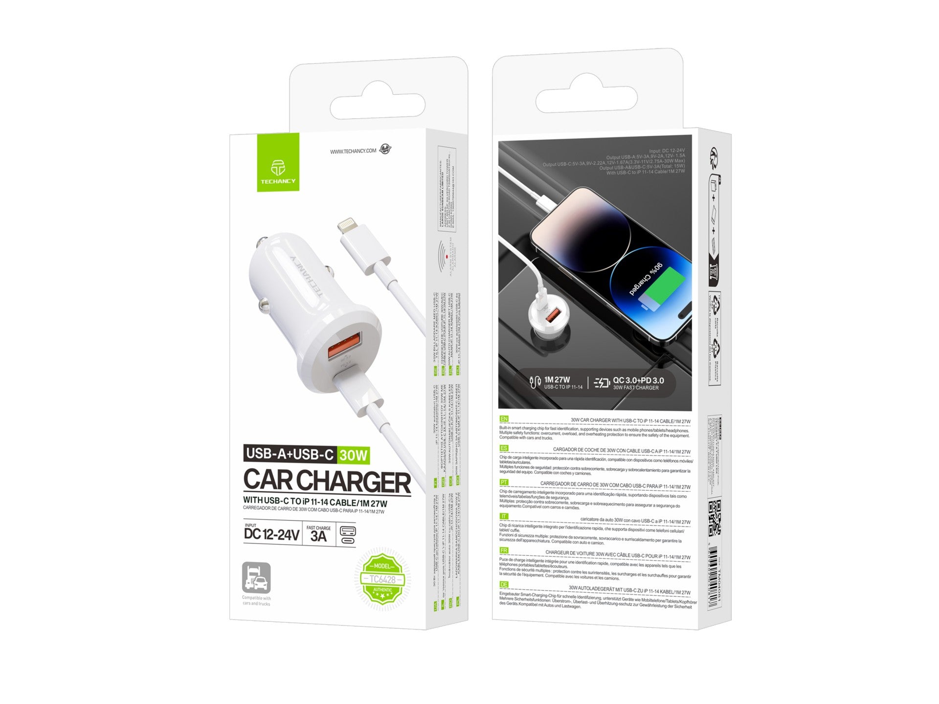 Techancy Carregador de Carro TC6428 30W USB-A+USB-C com cabo 1m USB-C para Lightning PD3.0 QC3.0 12-24V