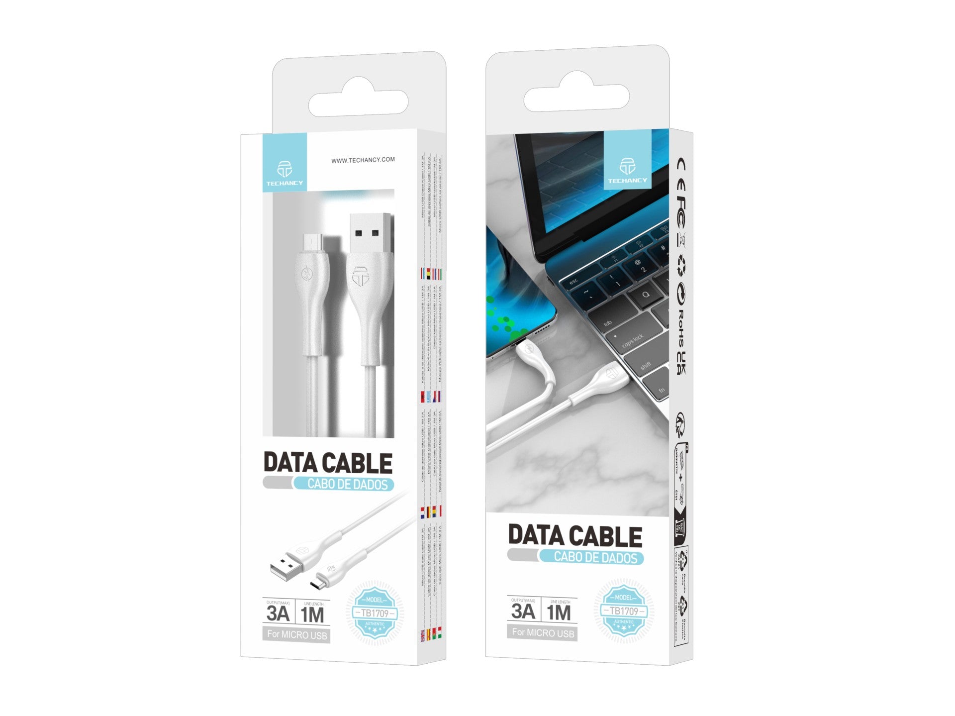 Techancy Cabo De Dados Rápido 3a TB1709, Conetor Usb-Micro, 1 Metro De Comprimento Para Transferência De Dados, Branco