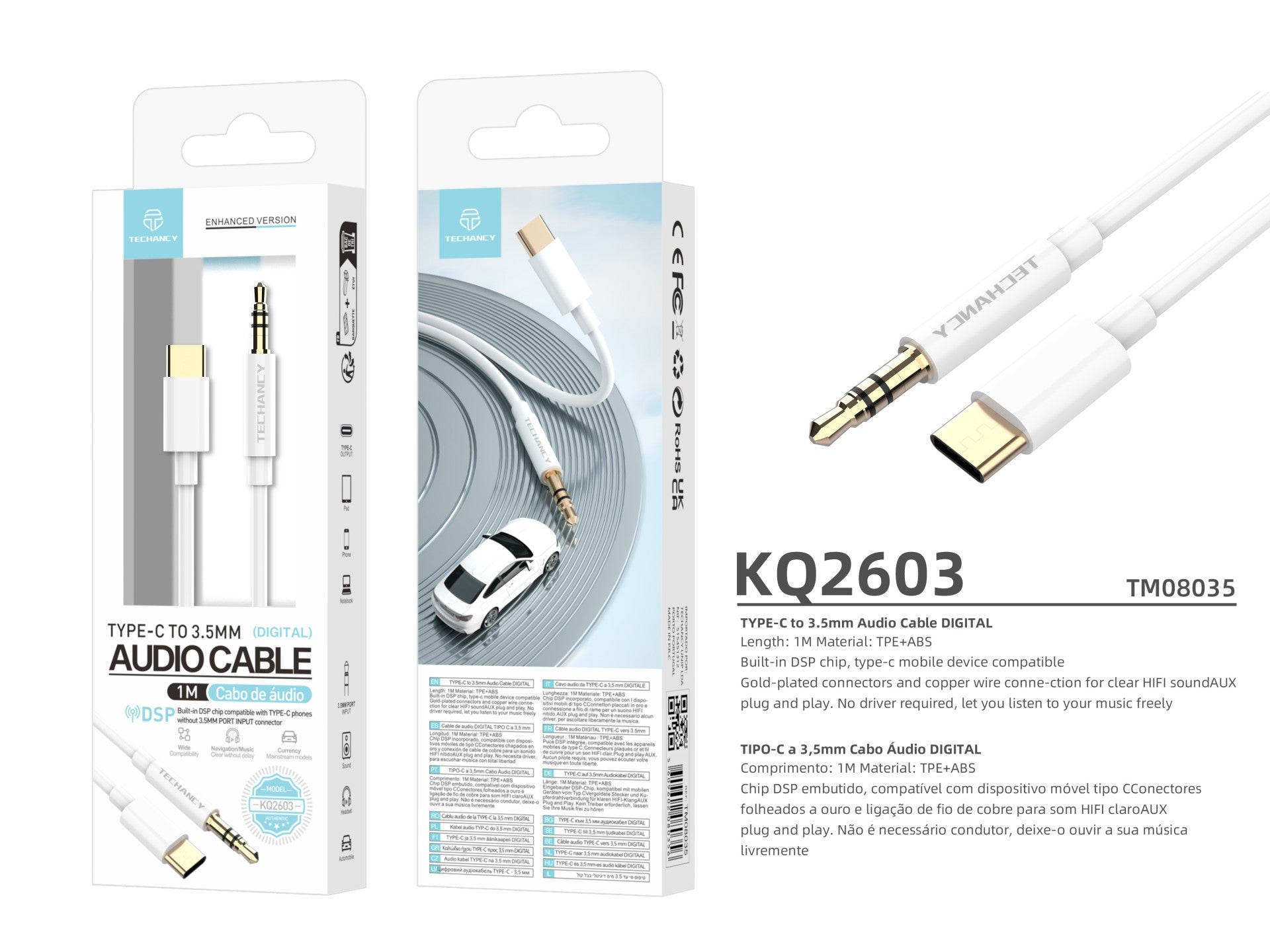Techancy Automotive Aux Audio Cable  KQ2602, Tipo-C Para 3,5 Mm, 1 Metro, Qualidade De Som Hifi,Branco