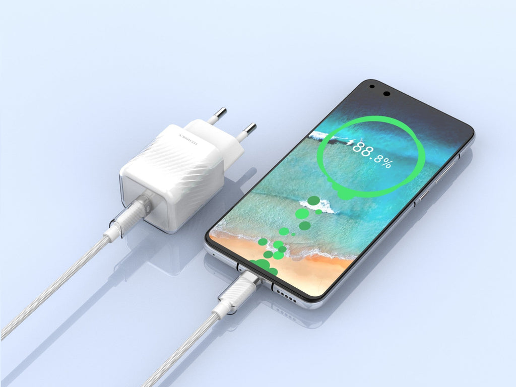 Techancy Carregador De Telemóvel De 20 W Branco TA2816, Carregamento Rápido Usb-C Pd Gan, Conjunto De Cabos Usb C Para Usb C 1m/60w