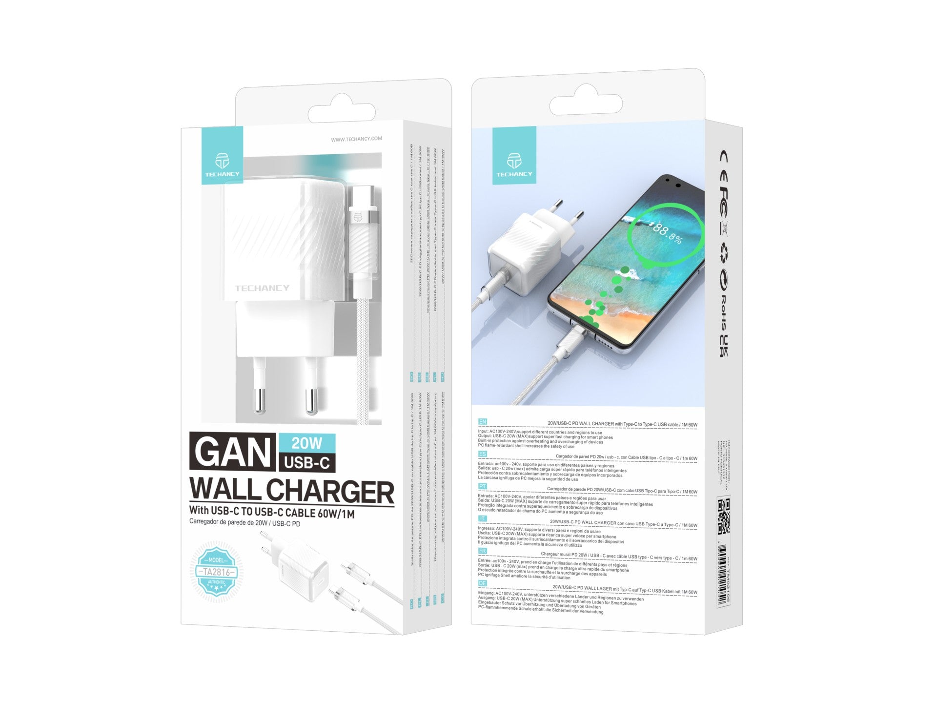 Techancy Carregador De Telemóvel De 20 W Branco TA2816, Carregamento Rápido Usb-C Pd Gan, Conjunto De Cabos Usb C Para Usb C 1m/60w